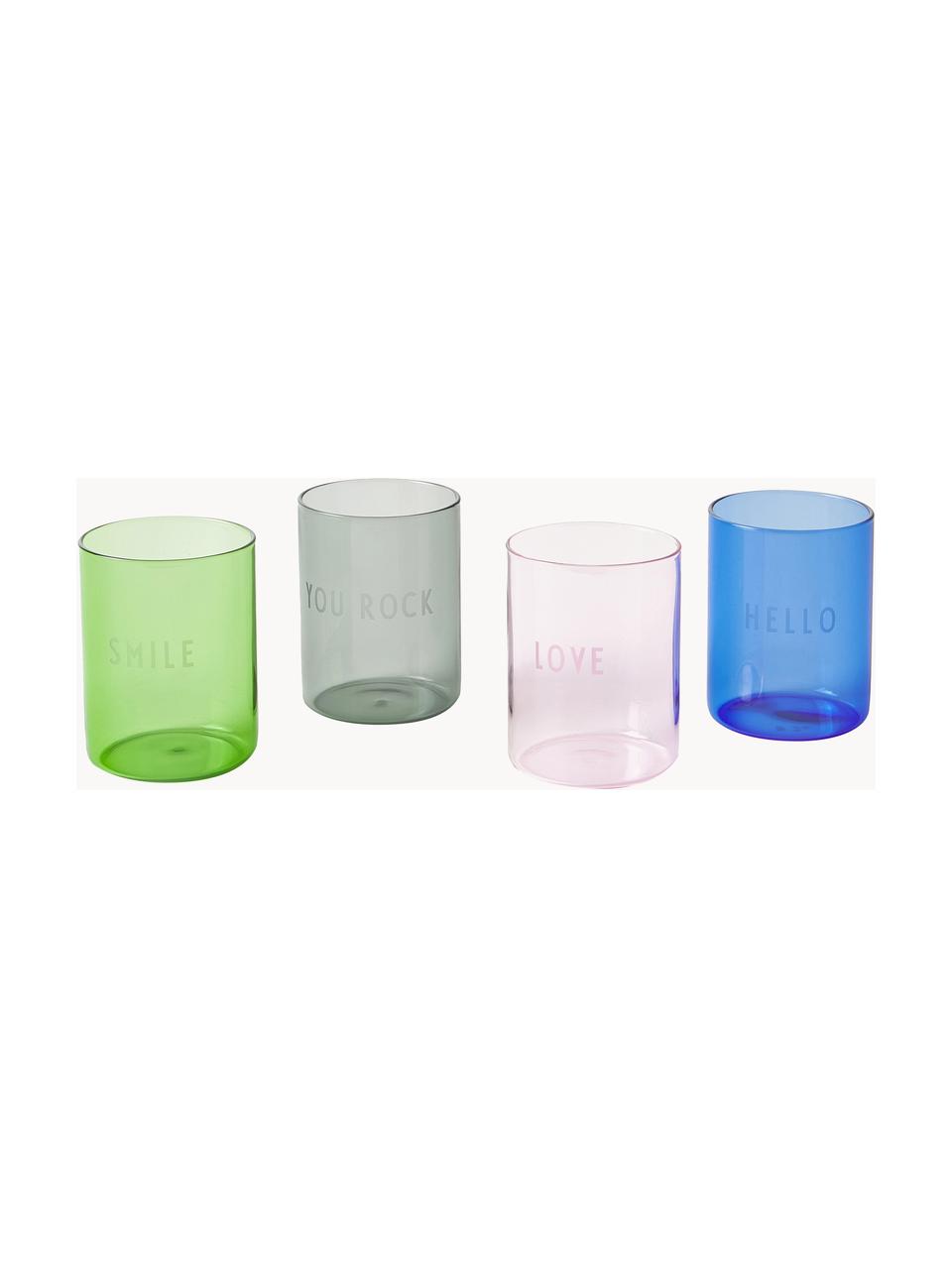 Bicchiere di design con scritta Favorite HELLO, Vetro borosilicato, Blu (Hello), Ø 8 x Alt. 11 cm, 350 ml