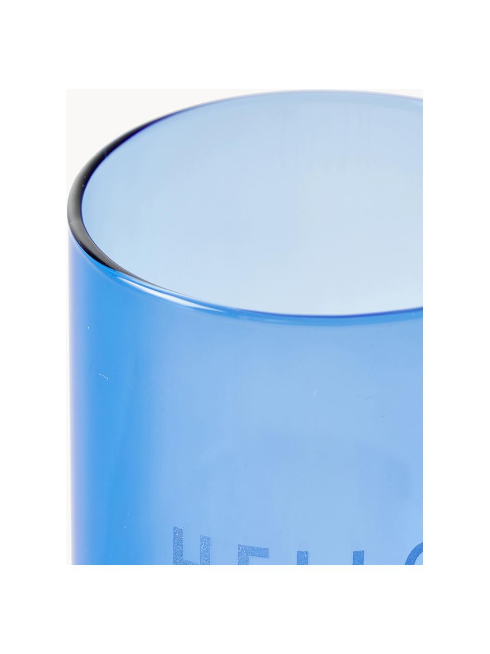 Designová sklenice s nápisem HELLO, Borosilikátové sklo, Modrá (Hello), Ø 8 x V 11 cm, 350 ml