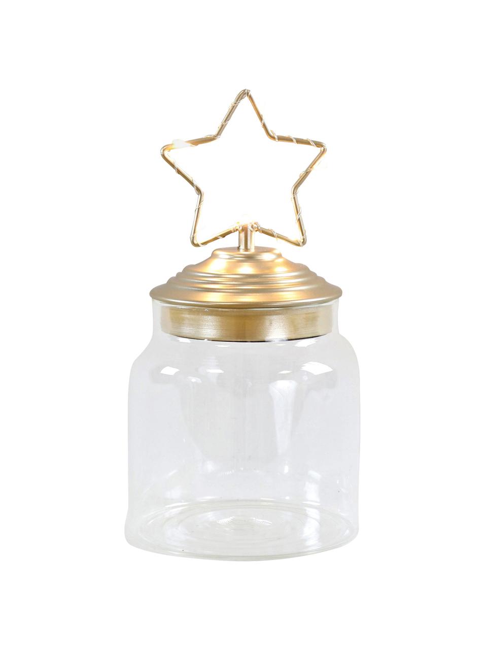 LED Aufbewahrungsdose Star H 15 cm, Dose: Glas, Deckel: Metall, beschichtet, Transparent, Goldfarben, Ø 11 x H 15 cm
