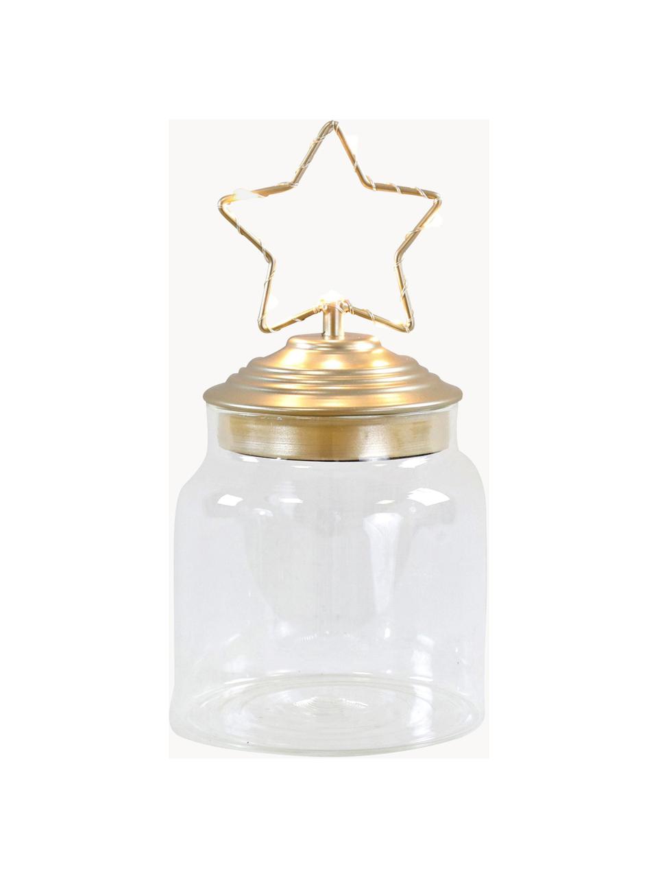 LED-opbergpot Star, H 15 cm, Pot: glas, Deksel: gecoat metaal, Transparant, goudkleurig, Ø 11 x H 15 cm