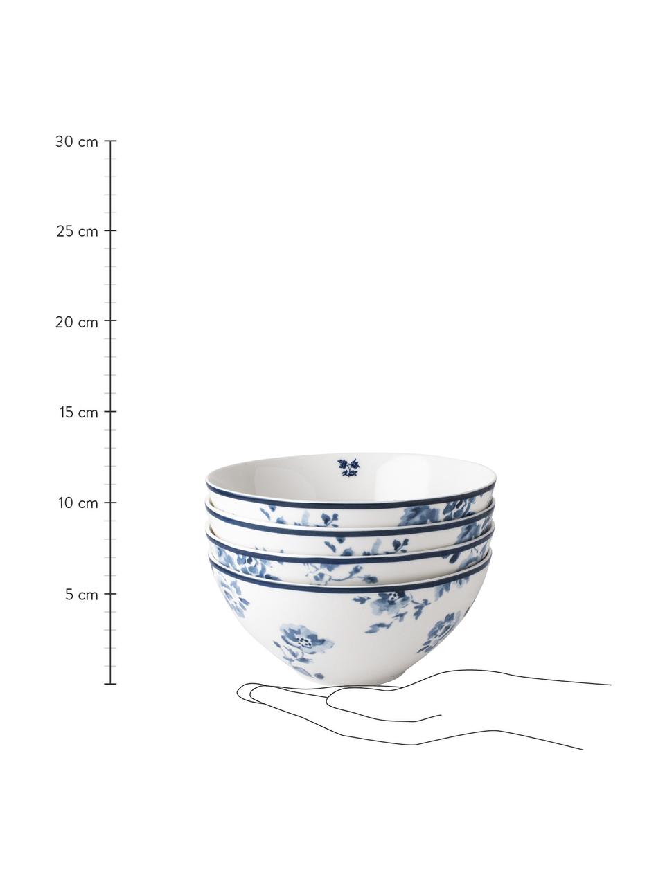 Schalen Candy Rose mit blauem Muster, 4 Stück, Fine Bone China, Weiss, Blau, Ø 16 x H 8 cm, 800 ml