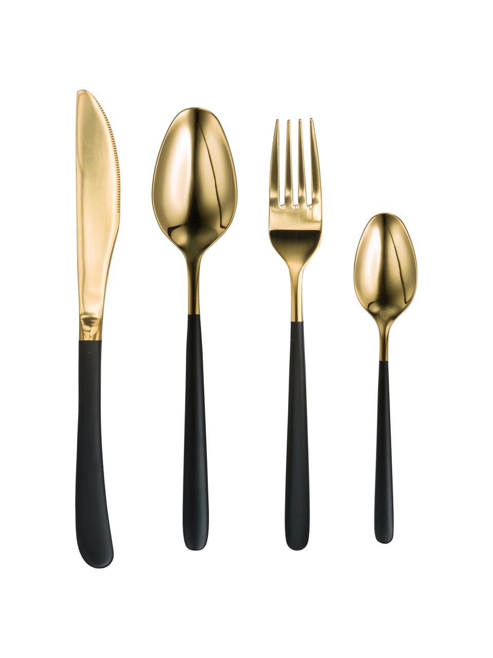 Bestekset Chiara in goud met zwarte handvatten, 4-delig, Edelstaal 18/10, Zwart, goudkleurig, L 24 cm