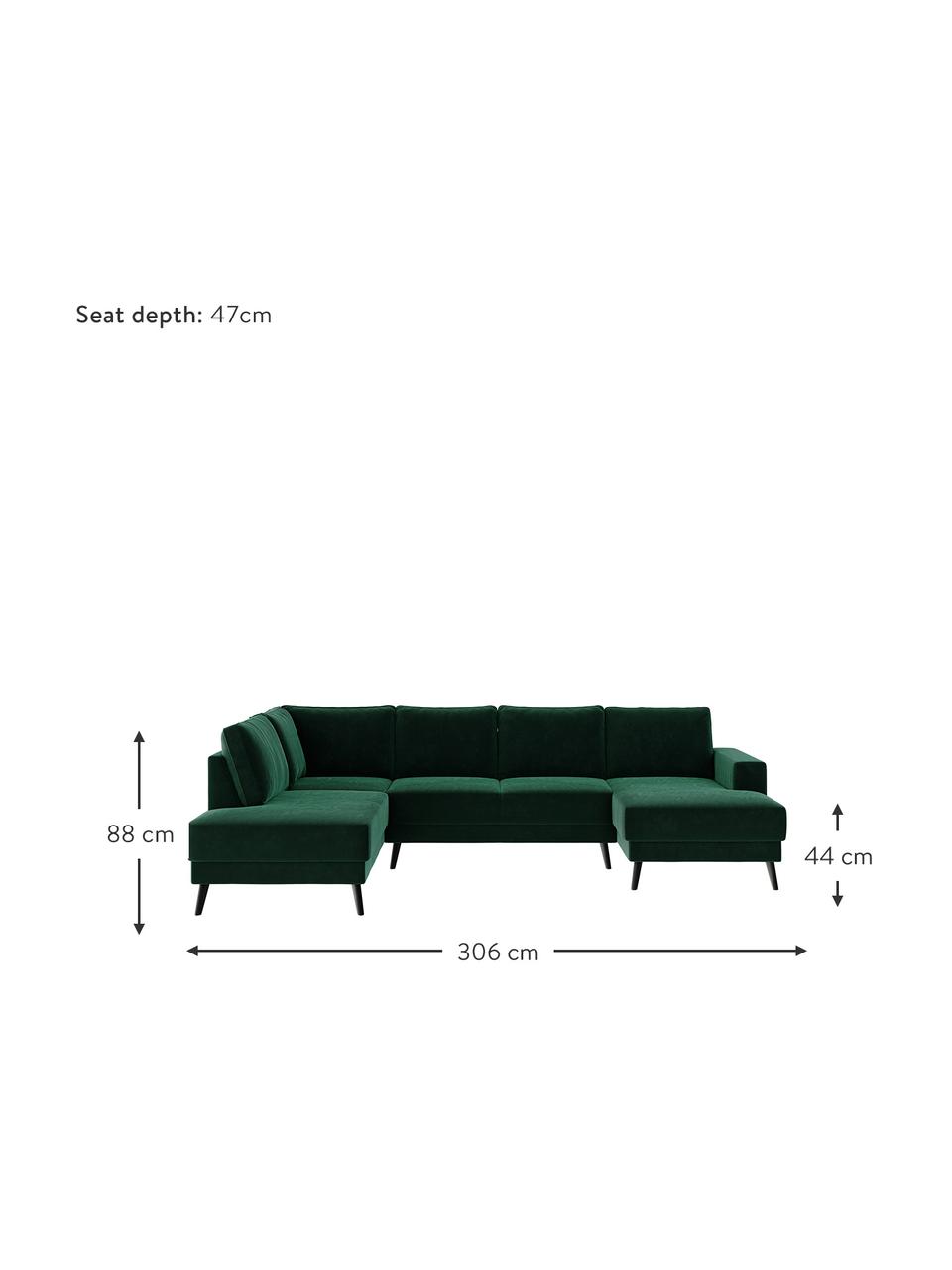 Sofa narożna XL z aksamitu Fynn, Tapicerka: 100% aksamit poliestrowy, Stelaż: drewno liściaste, drewno , Nogi: drewno lakierowane Dzięki, Ciemny zielony, S 306 x G 200 cm