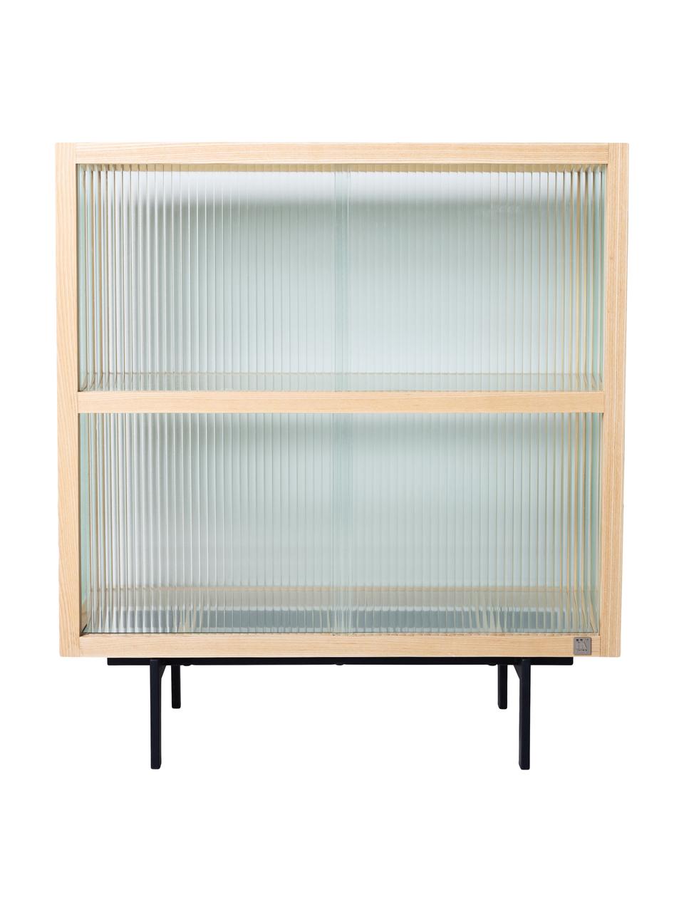 Highboard Oli mit Glas-Schiebetüren, Korpus: Eschenholz, Füße: Metall, pulverbeschichtet, Transparent, Hellbraun, Schwarz, B 80 x H 89 cm