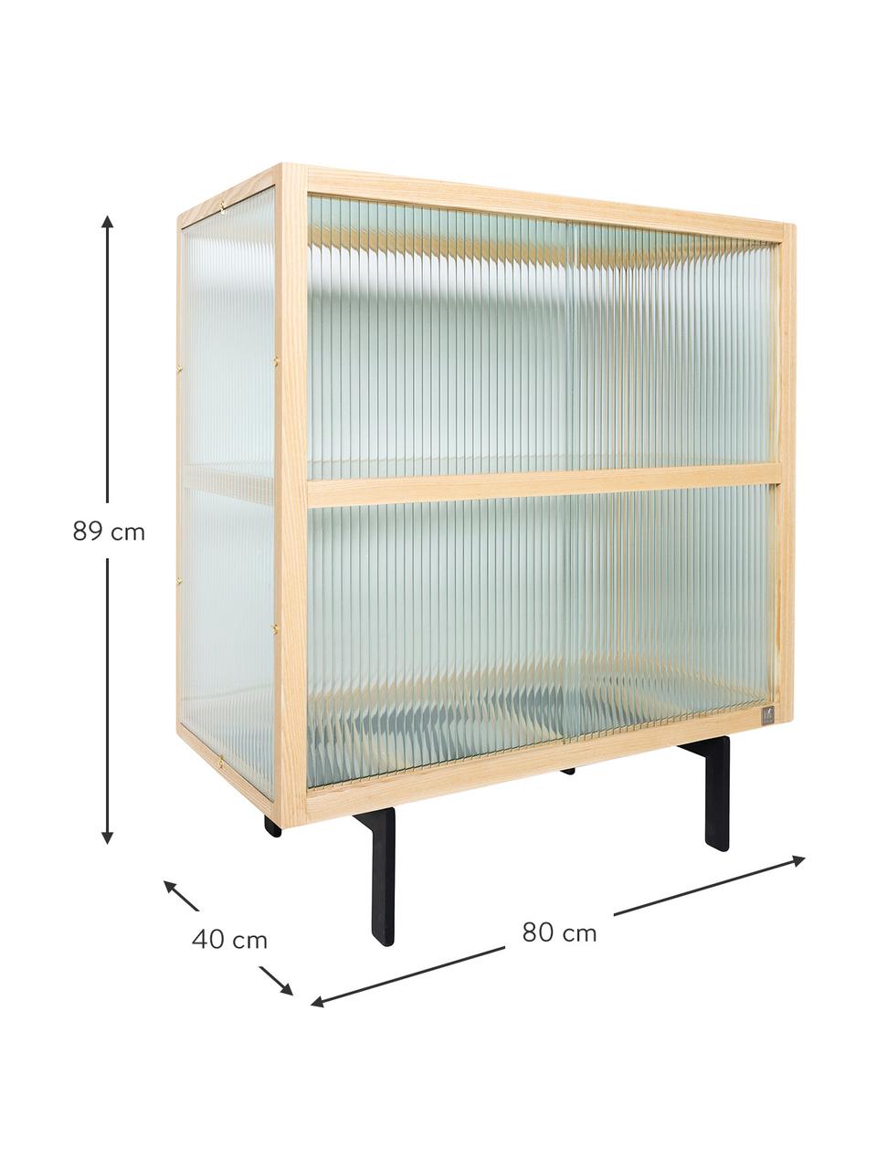 Highboard Oli met glazen schuifdeuren, Frame: essenhout, Poten: gepoedercoat metaal, Transparant, lichtbruin, zwart, B 80 x H 89 cm