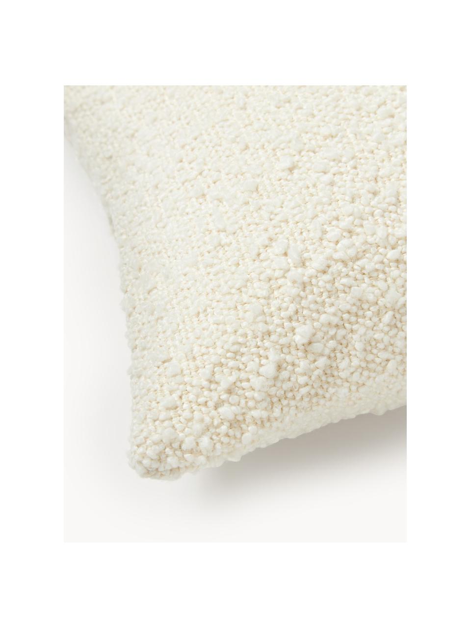 Poszewka na poduszkę Bouclé Lysander, Bouclé (90% poliester, 10% akryl), Złamana biel z napisem Cozy, S 30 x D 50 cm