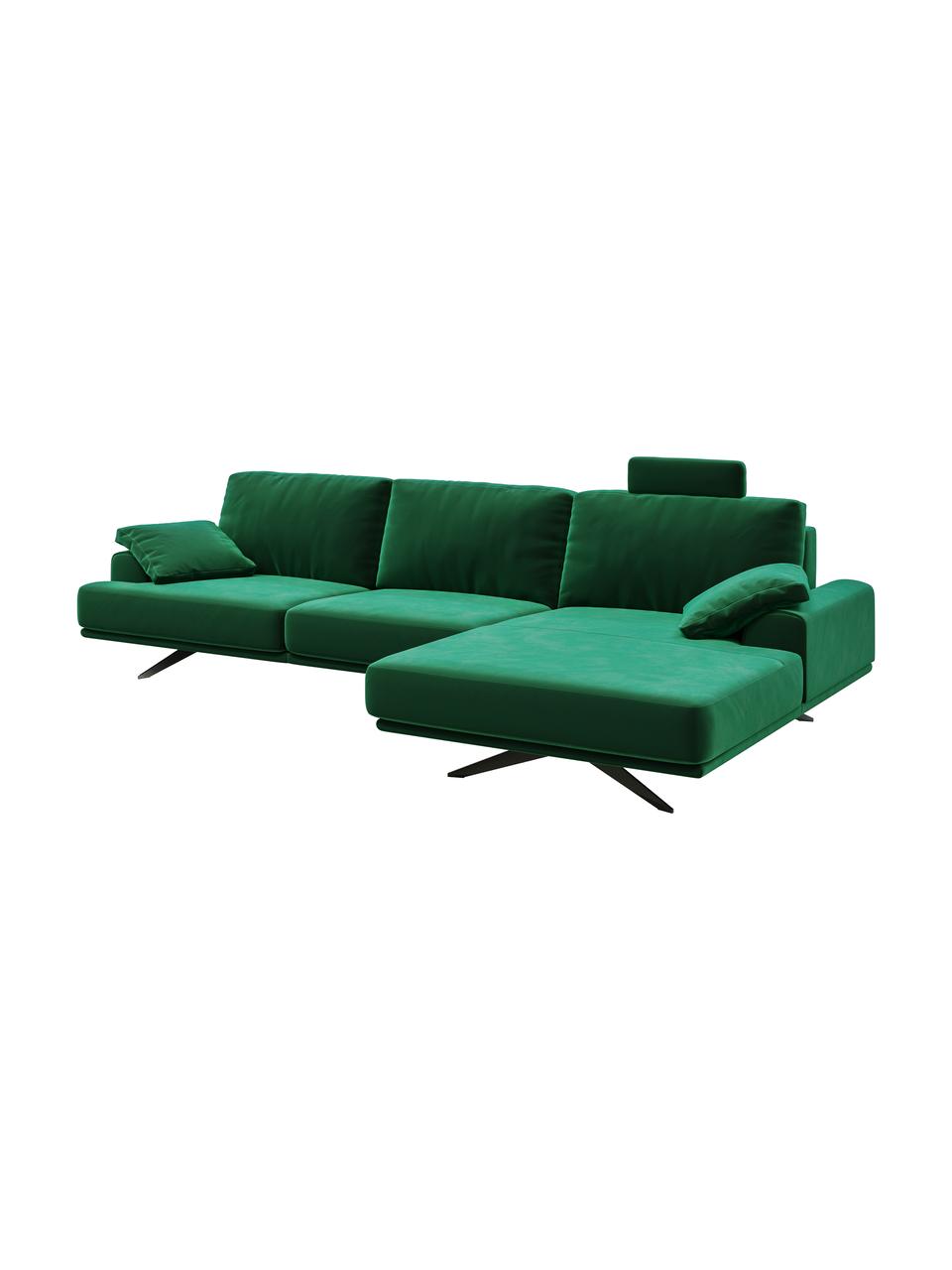Sofa narożna z aksamitu Prado, Tapicerka: 100% aksamit poliestrowy,, Nogi: metal lakierowany, Ciemny zielony, S 315 x G 180 cm