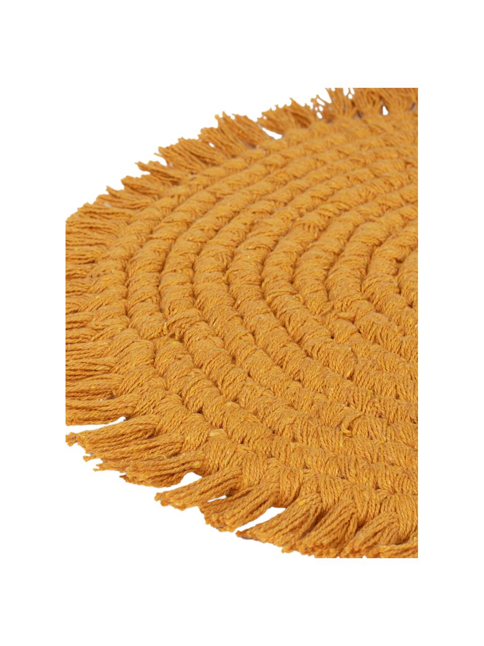Mantel individual redondo de algodón con flecos Vera, 100% algodón, Amarillo, Ø 38 cm