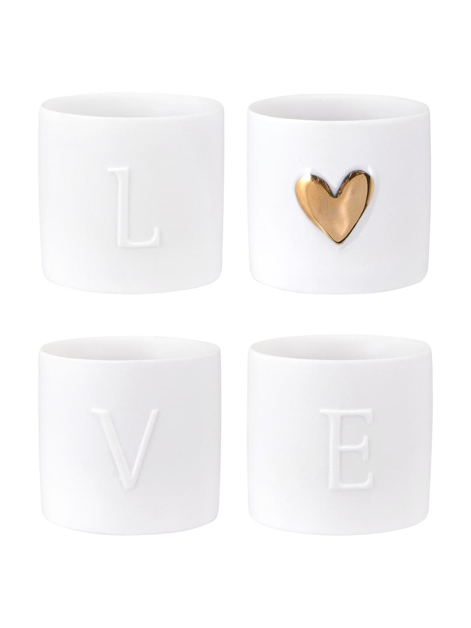 Set de portavelas de porcelana Love, 4 uds., Porcelana, Blanco, dorado, Ø 5 x Al 5 cm