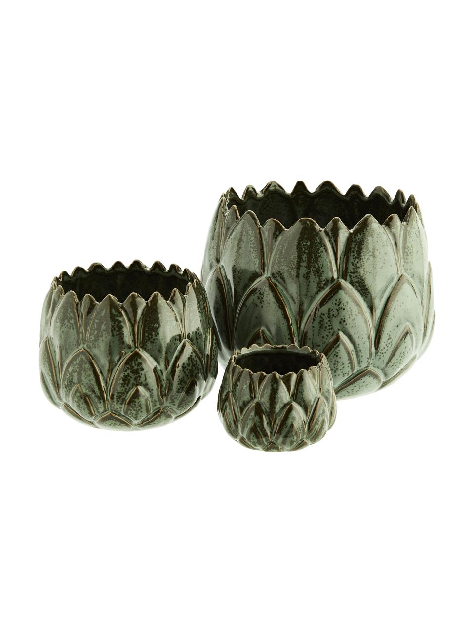 Set 3 portavasi decorativi in gres Artichoke, Gres, Verde, marrone, Set in varie misure