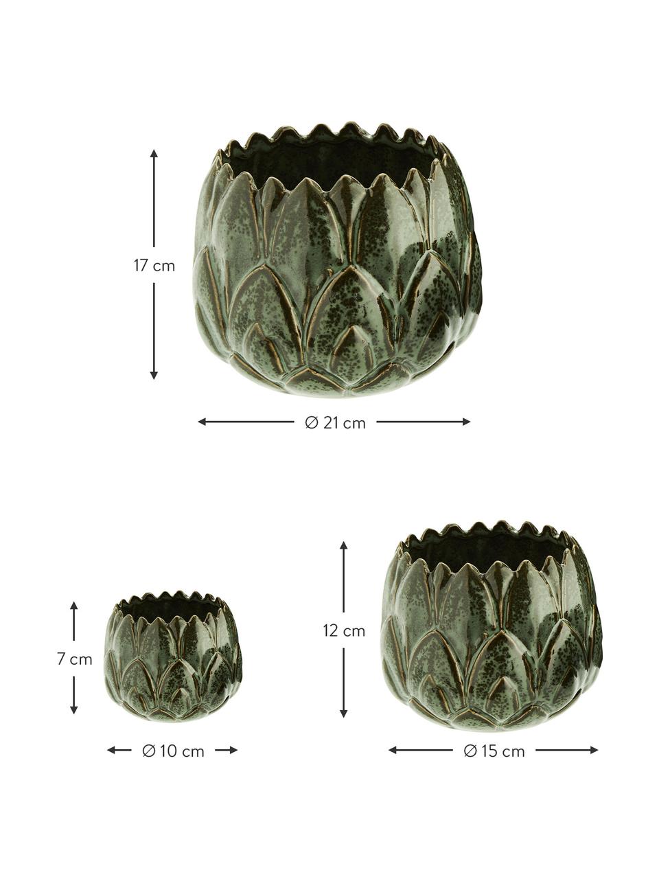 Maceteros de gres Artichoke, 3 uds., Gres, Verde, marrón, Set de diferentes tamaños