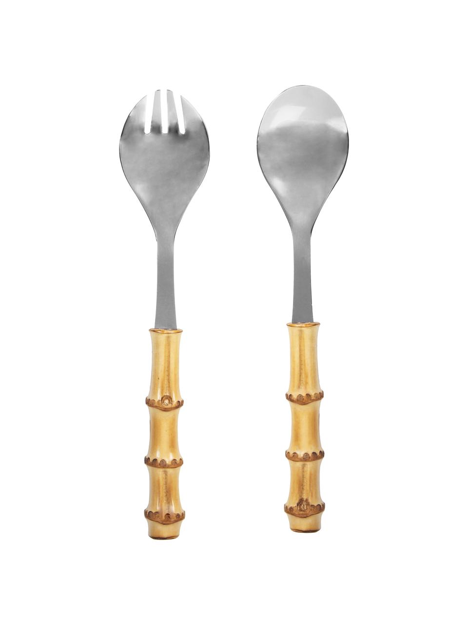 Set 2 posate da insalata in metallo e bambù Bamboo, Argento, Lung. 25 cm