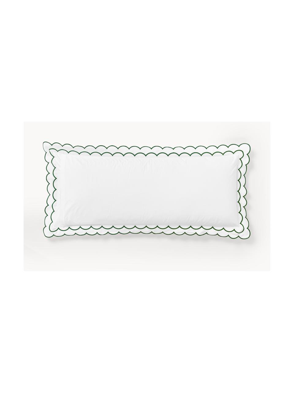 Funda de almohada de percal con dobladillo bordado Atina, Blanco, verde oscuro, An 45 x L 110 cm