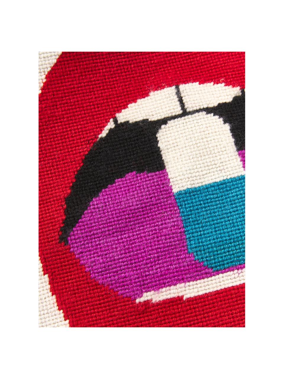Cuscino decorativo in lana fatto a mano con motivo labbra Full Dose, Retro: velluto (100% cotone), Bianco latte, rosso, Larg. 45 x Lung. 45 cm