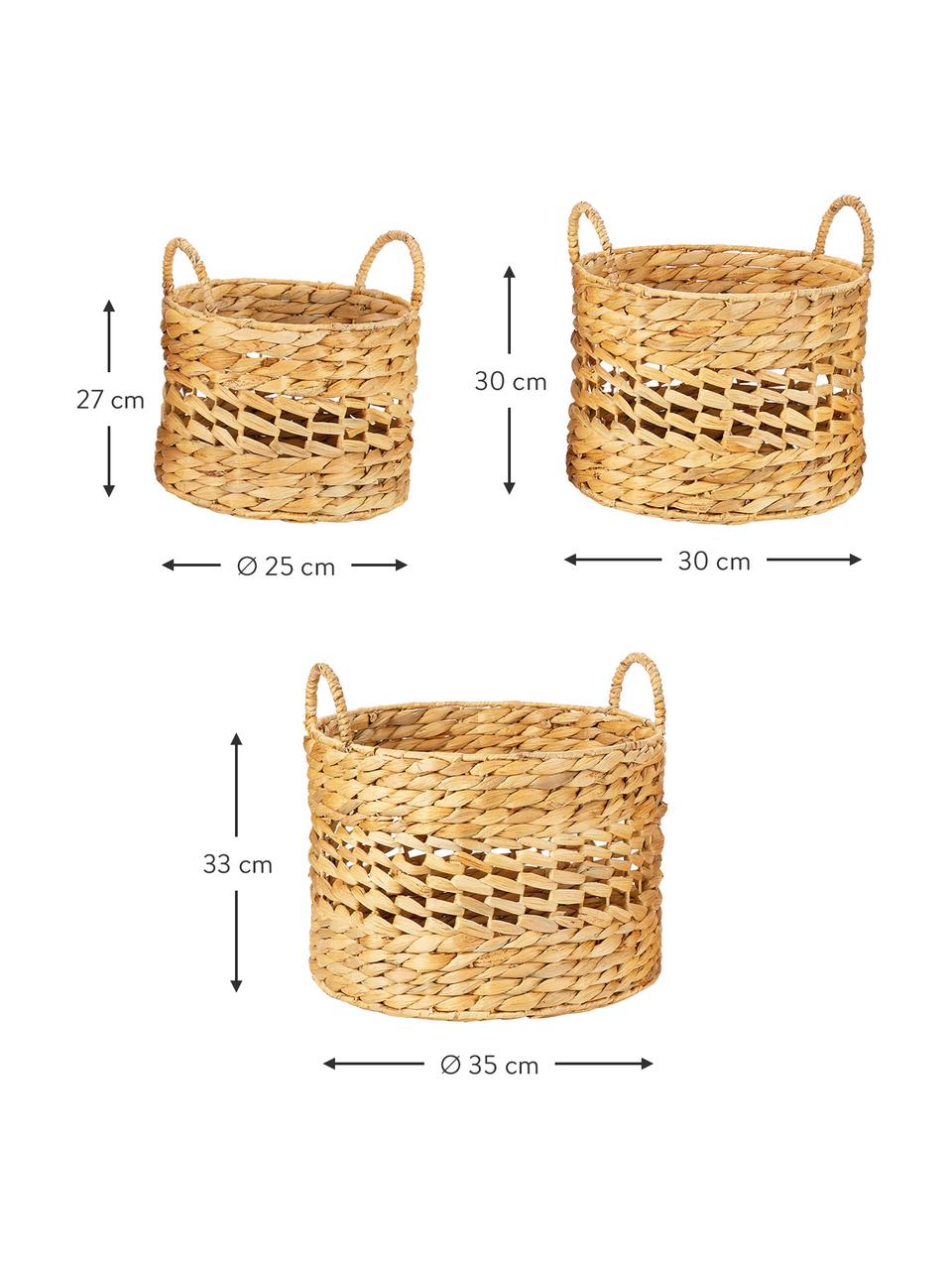 Set de cestas de fibras naturales Jarmil, 3 uds., Jacinto acuático, Beige, Set de diferentes tamaños