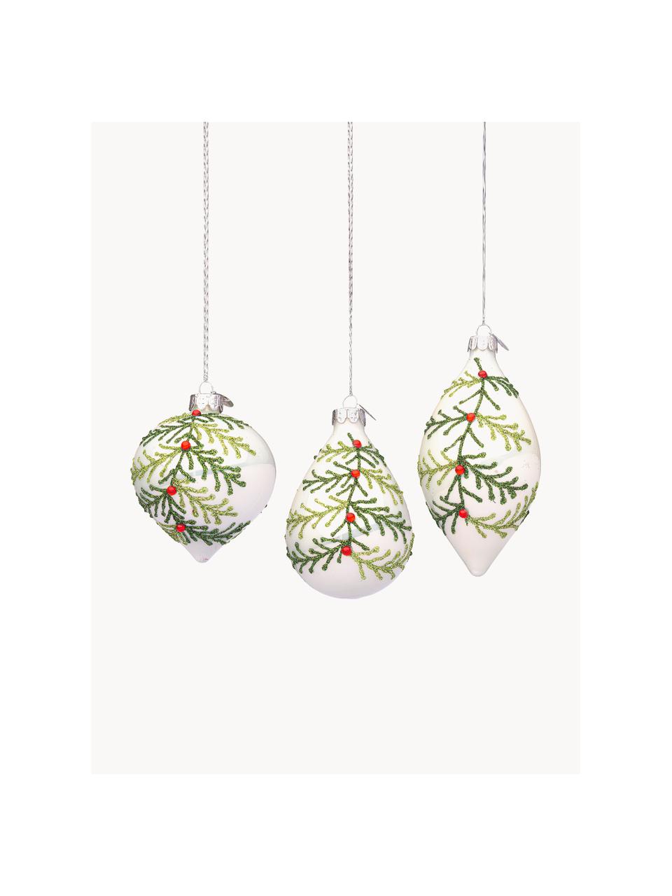 Kerstboomhangerset Laurie, 12-delig, Glas, Wit, groentinten, Set met verschillende groottes