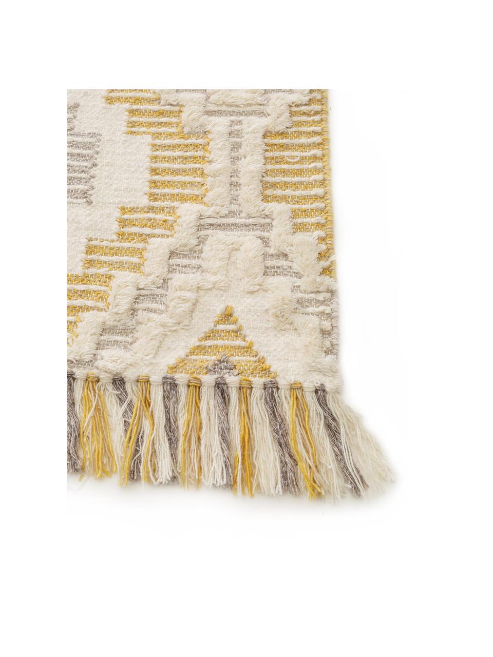Vlnený boho koberec s reliéfnou štruktúrou a strapcami Wanda, Žltá, sivá, krémová