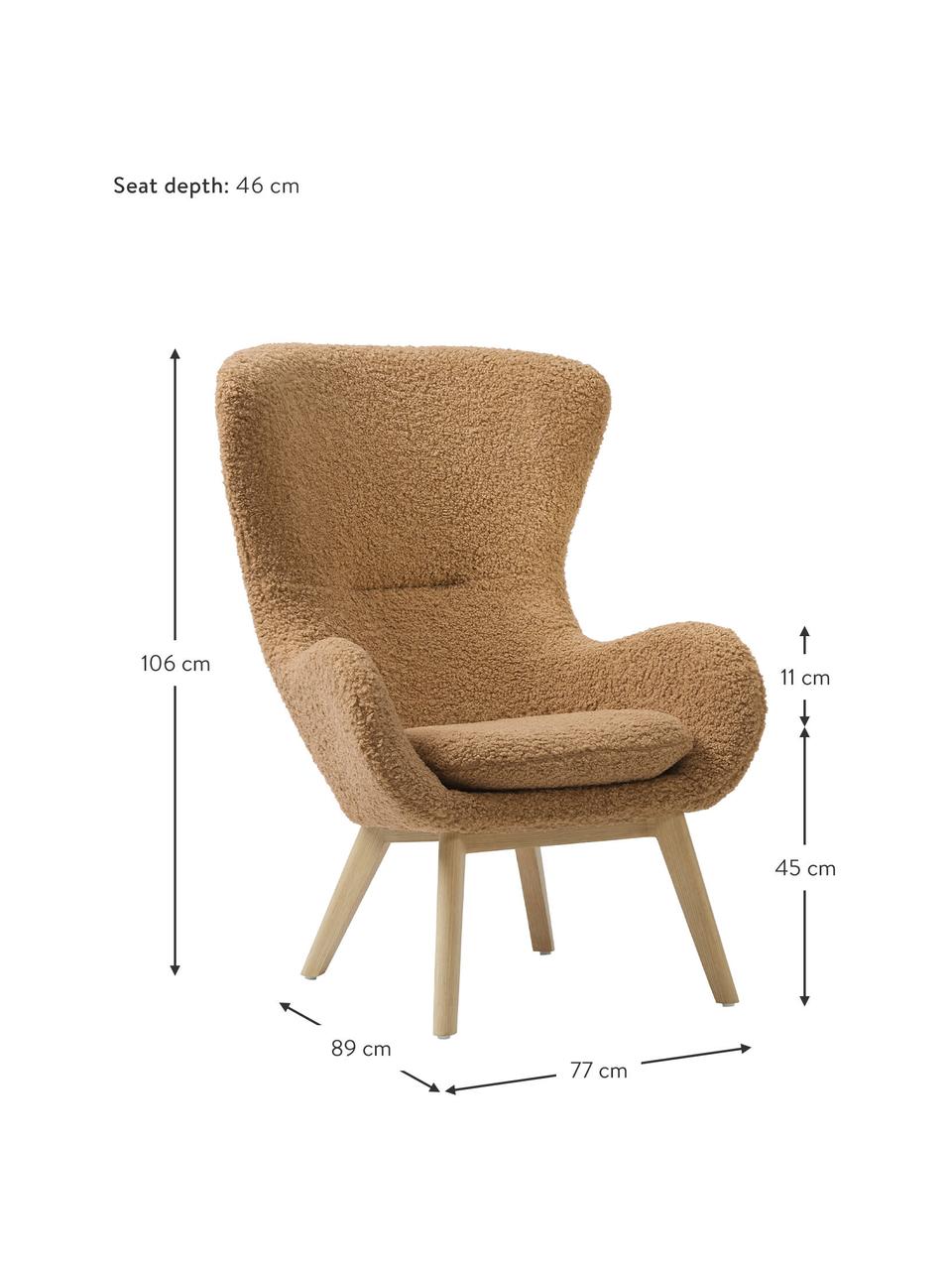 Poltrona in teddy con gambe in legno Wing, Rivestimento: poliestere (teddy) Con 40, Gambe: legno massiccio con finit, Teddy caramello, Larg. 77 x Prof. 89 cm