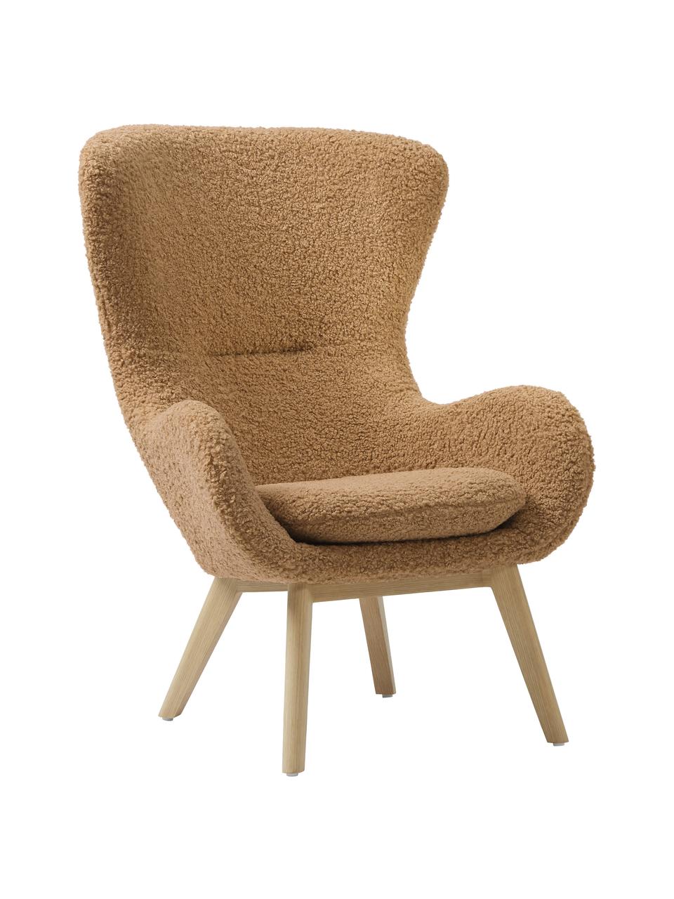 Sillón orejero de borreguillo Wing, Tapizado: poliéster (borreguillo) A, Patas: madera maciza chapado en , Borreguillo caramelo, An 77 x F 89 cm