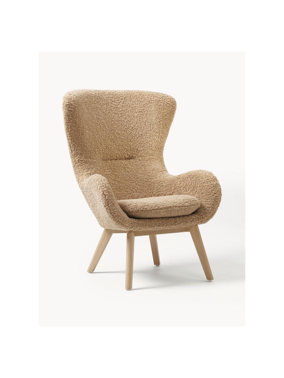 Fauteuil à oreilles en peluche pieds en bois Wing, Peluche brun clair, bois de bouleau, larg. 77 x prof. 89 cm