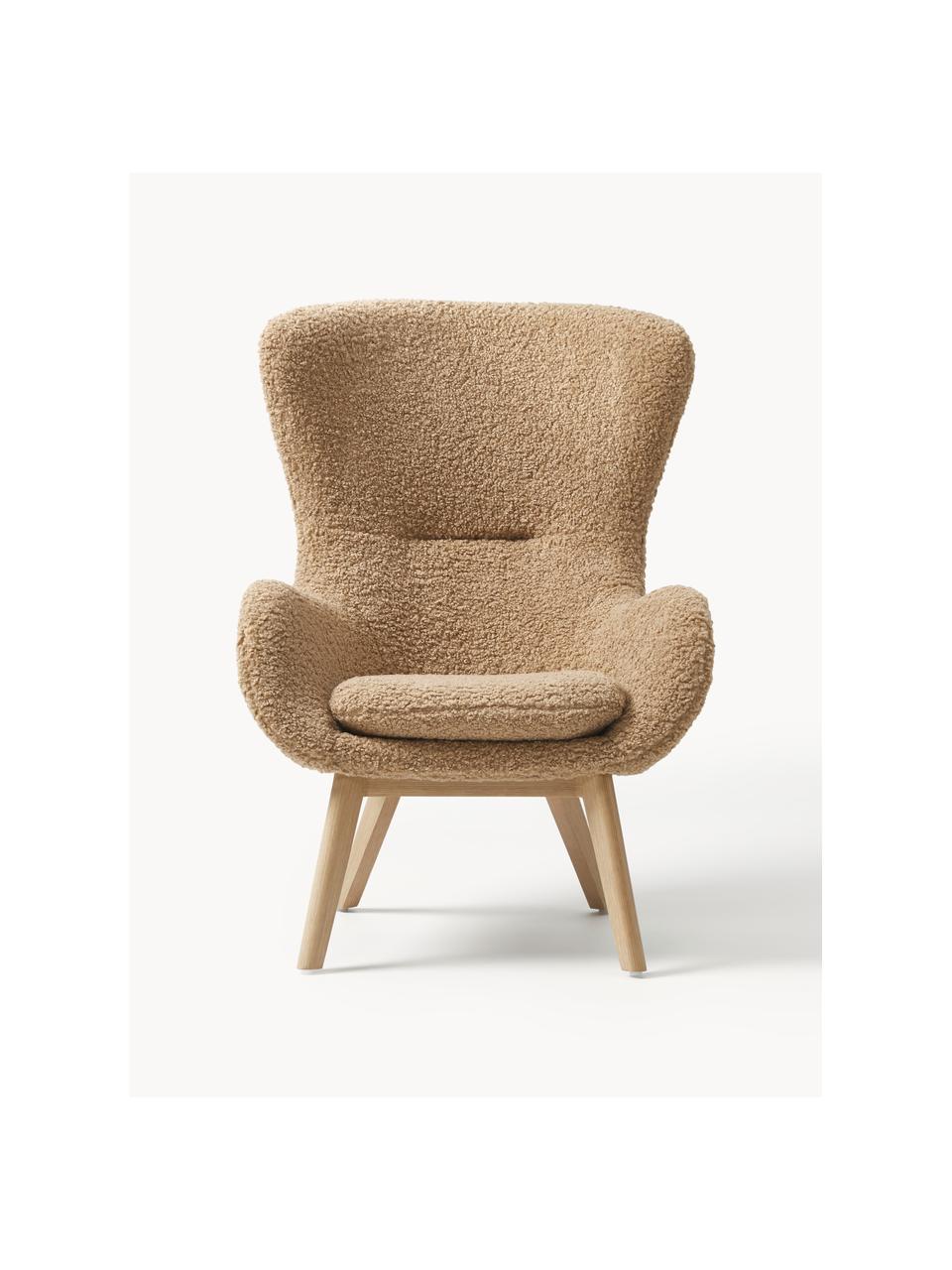 Fauteuil à oreilles en peluche pieds en bois Wing, Peluche brun clair, bois de bouleau, larg. 77 x prof. 89 cm