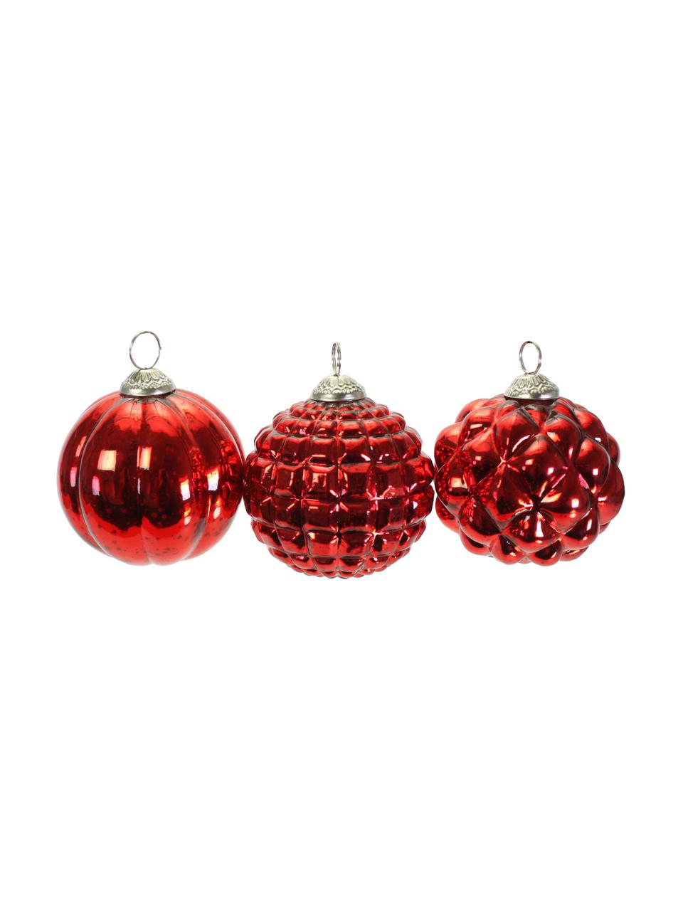 Set de bolas navideñas Red Variety, 3 pzas., Vidrio, pintado, Rojo, Ø 10 cm
