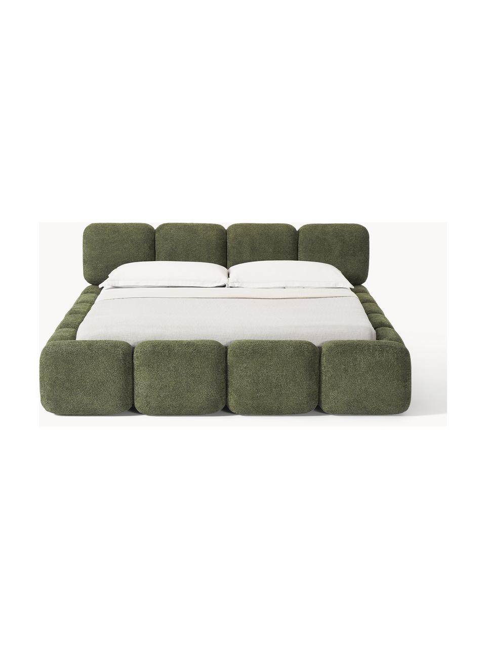 Letto imbottito in teddy-bouclé con vano contenitore Tayla, Rivestimento: teddy-bouclé (100% polies, Piedini: legno di betulla Questo p, Teddy-bouclé verde scuro, Larg. 140 x Lung. 200