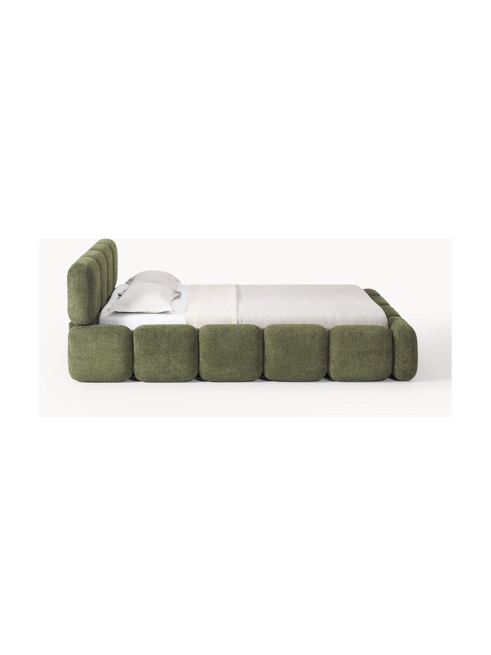 Letto imbottito in teddy-bouclé con vano contenitore Tayla, Rivestimento: teddy-bouclé (100% polies, Piedini: legno di betulla Questo p, Teddy-bouclé verde scuro, Larg. 140 x Lung. 200