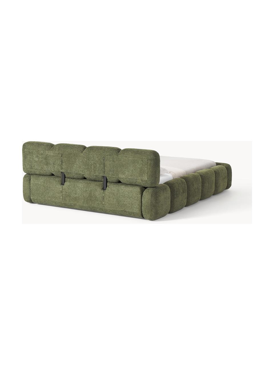 Lit matelassé en peluche-bouclette avec rangement Tayla, Peluche-bouclette vert foncé, larg. 140 x long. 200