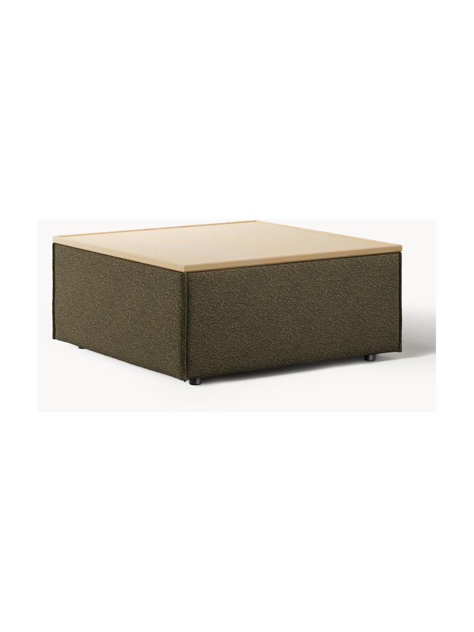 Sofa-Hocker Lennon aus Bouclé mit Stauraum, Bezug: Bouclé (80 % Polyester, 2, Tablett: Eichenholz, Spannplatte m, Gestell: Spanplatte, mitteldichte , Bouclé Olivgrün, helles Eichenholz, B 88 x T 88 cm