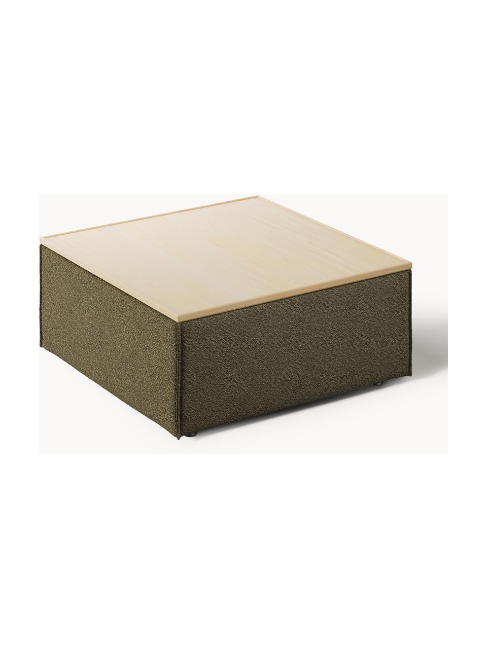 Sofa-Hocker Lennon aus Bouclé mit Stauraum, Bezug: Bouclé (80 % Polyester, 2, Tablett: Eichenholz, Spannplatte m, Gestell: Spanplatte, mitteldichte , Füße: Kunststoff Dieses Produkt, Bouclé Olivgrün, helles Eichenholz, B 88 x T 88 cm