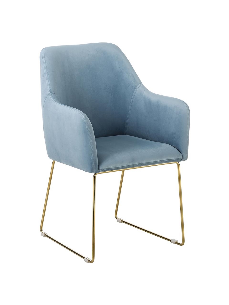 Silla de terciopelo Isla, estilo moderno, Tapizado: terciopelo (poliéster) 50, Patas: metal recubierto, Terciopelo azul claro, patas oro, An 58 x F 62 cm