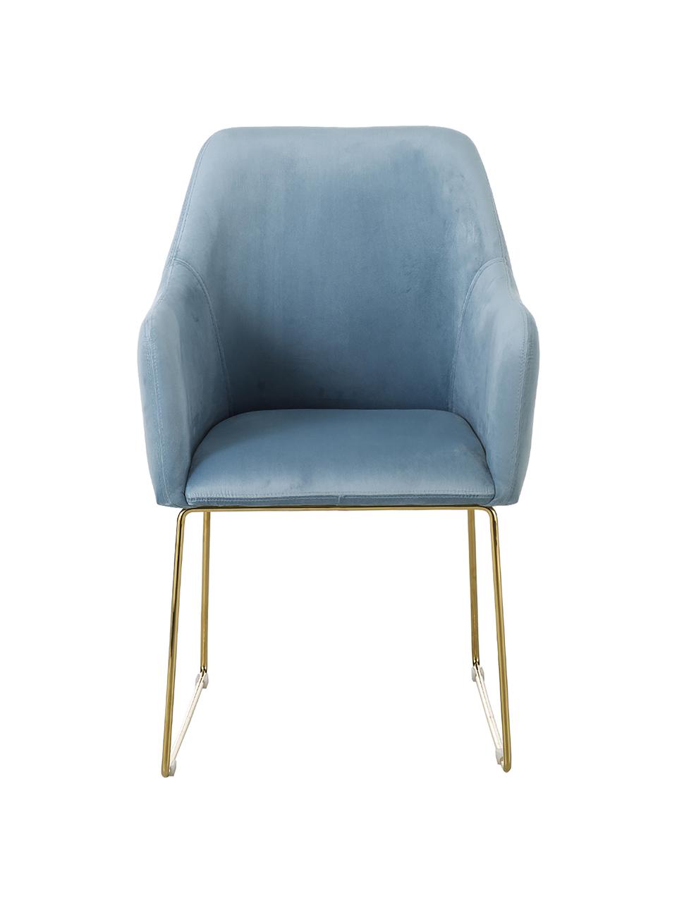 Sametová čalouněná židle s područkami Isla, Světle modrá Nohy: zlatá