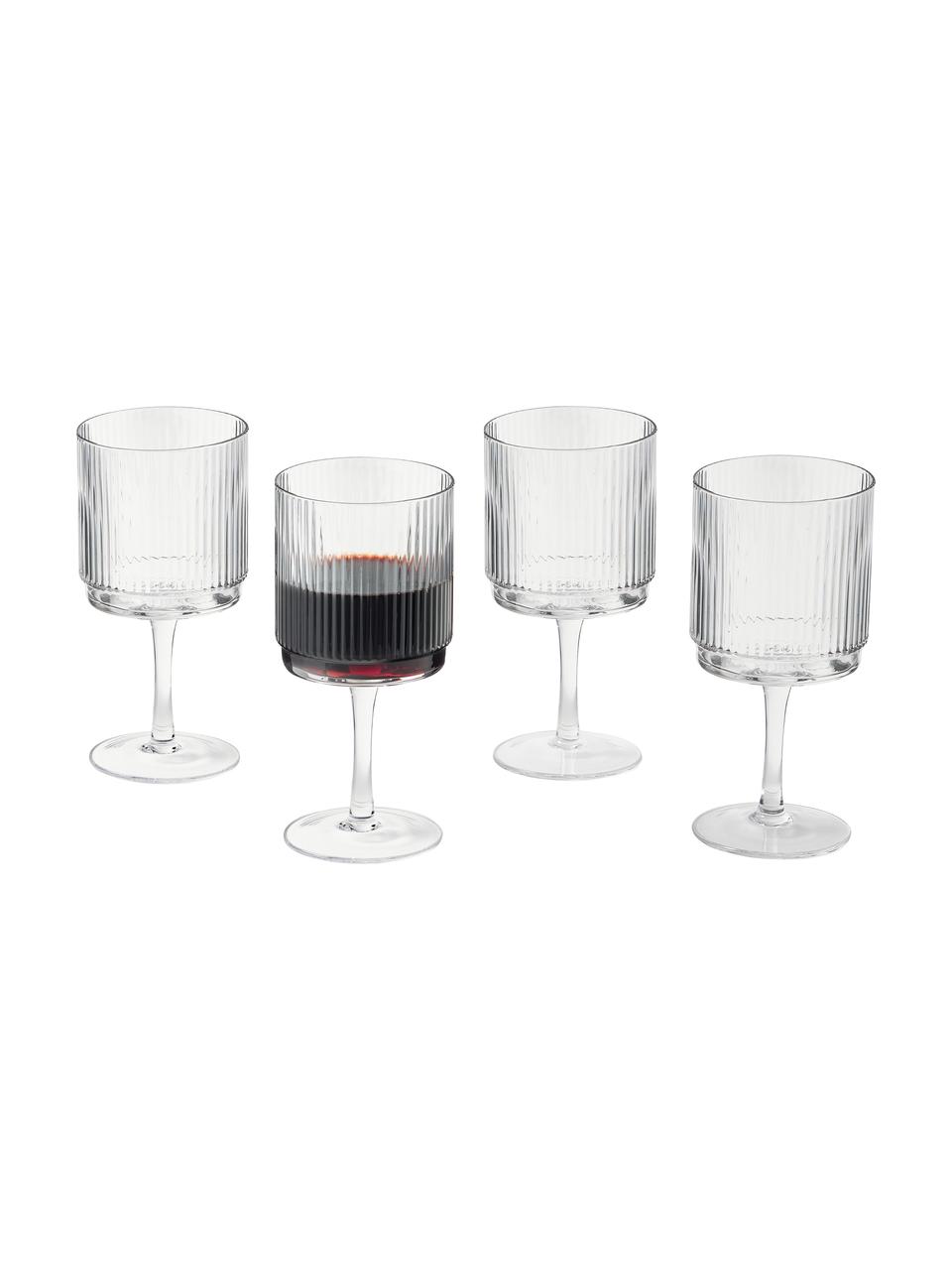 Verres à vin à relief rainuré Minna, 4 pièces, Verre, soufflé bouche, Transparent, Ø 8 x haut. 17 cm