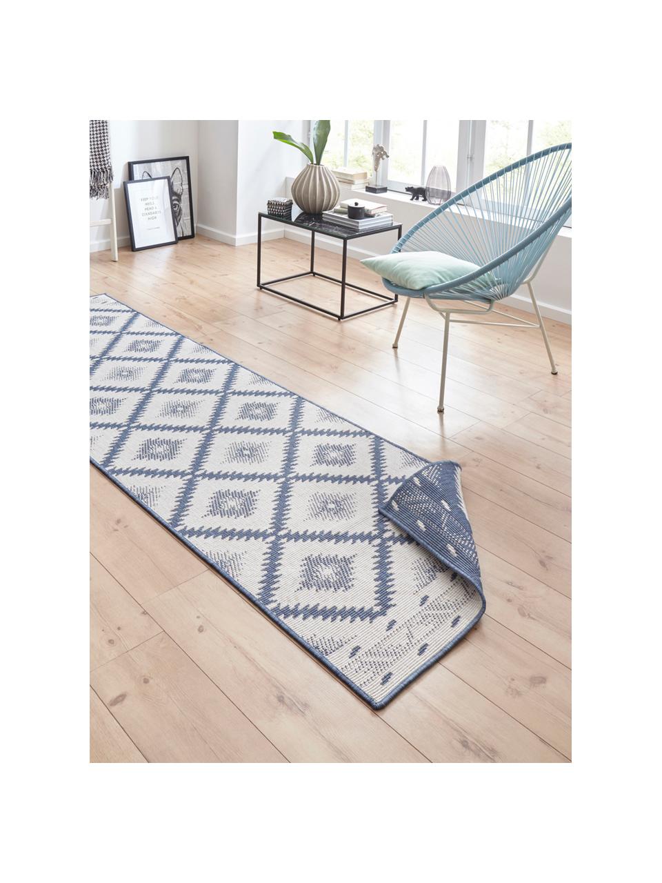 Alfombra reversible de interior y exterior Malibu, Azul, crema, An 80 x L 350 cm