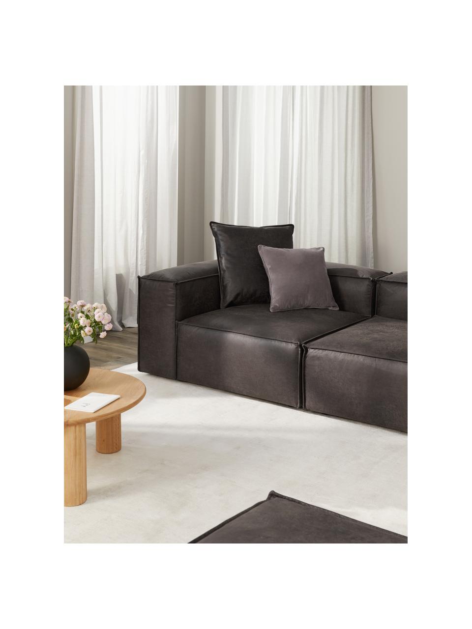 Eckmodul Lennon aus recyceltem Leder, Bezug: Recyceltes Leder (70% Led, Gestell: Massives Kiefernholz, FSC, Füße: Kunststoff, Leder Braungrau, B 119 x T 119 cm, Eckteil links