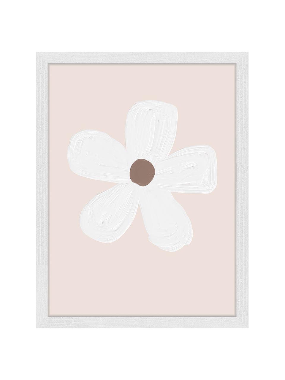 Gerahmter Digitaldruck White Flower, Rahmen: Buchenholz, FSC zertifizi, Bild: Digitaldruck auf Papier, , Front: Acrylglas, Weiss, Taupe, Hellrosa, B 33 x H 43 cm