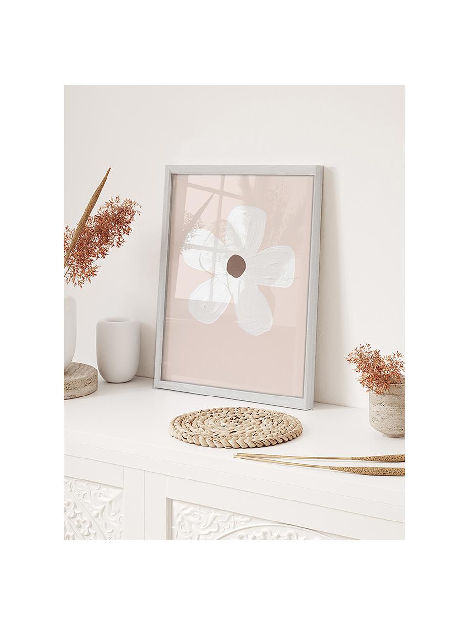 Gerahmter Digitaldruck White Flower, Rahmen: Buchenholz, FSC zertifizi, Bild: Digitaldruck auf Papier, , Front: Acrylglas, Weiß, Taupe, Hellrosa, B 33 x H 43 cm
