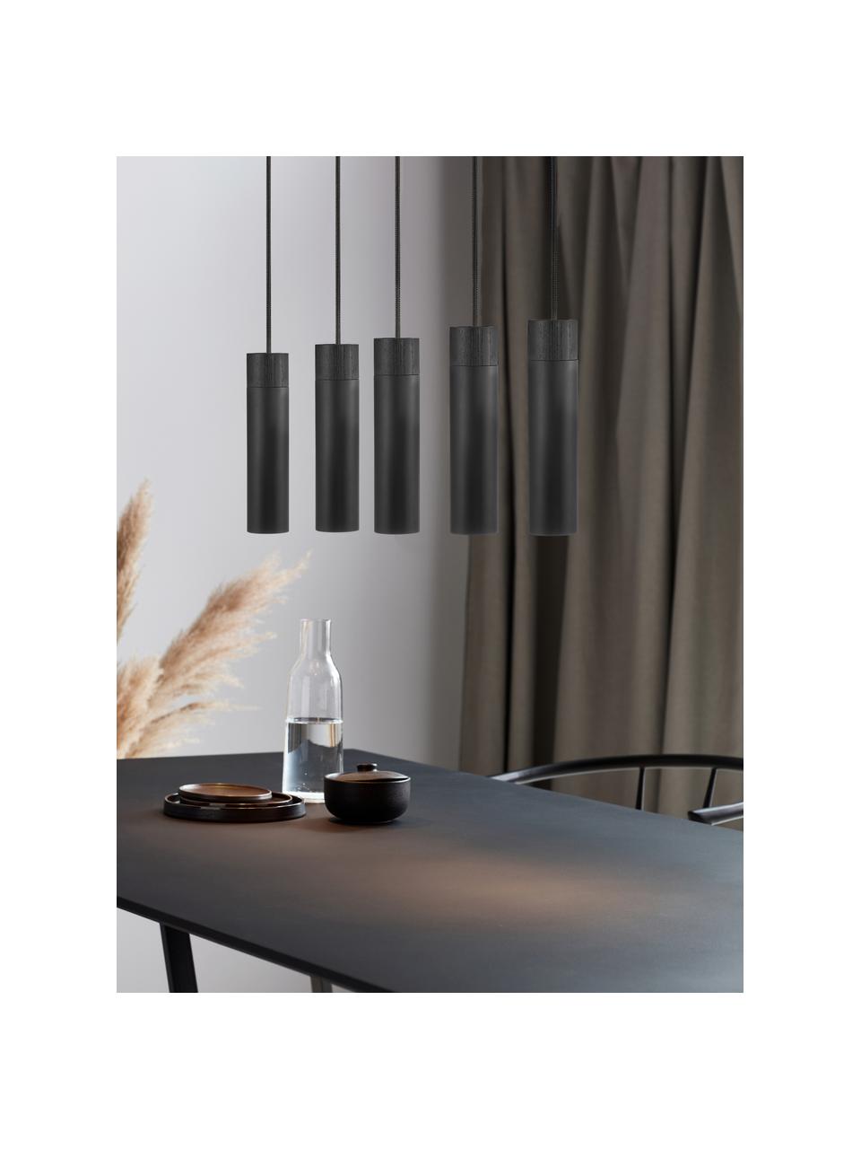 Grote hanglamp Tilo in zwart met houten decoratie, Lampenkap: gecoat metaal, Decoratie: hout, Baldakijn: gecoat metaal, Zwart, B 81 x H 25 cm