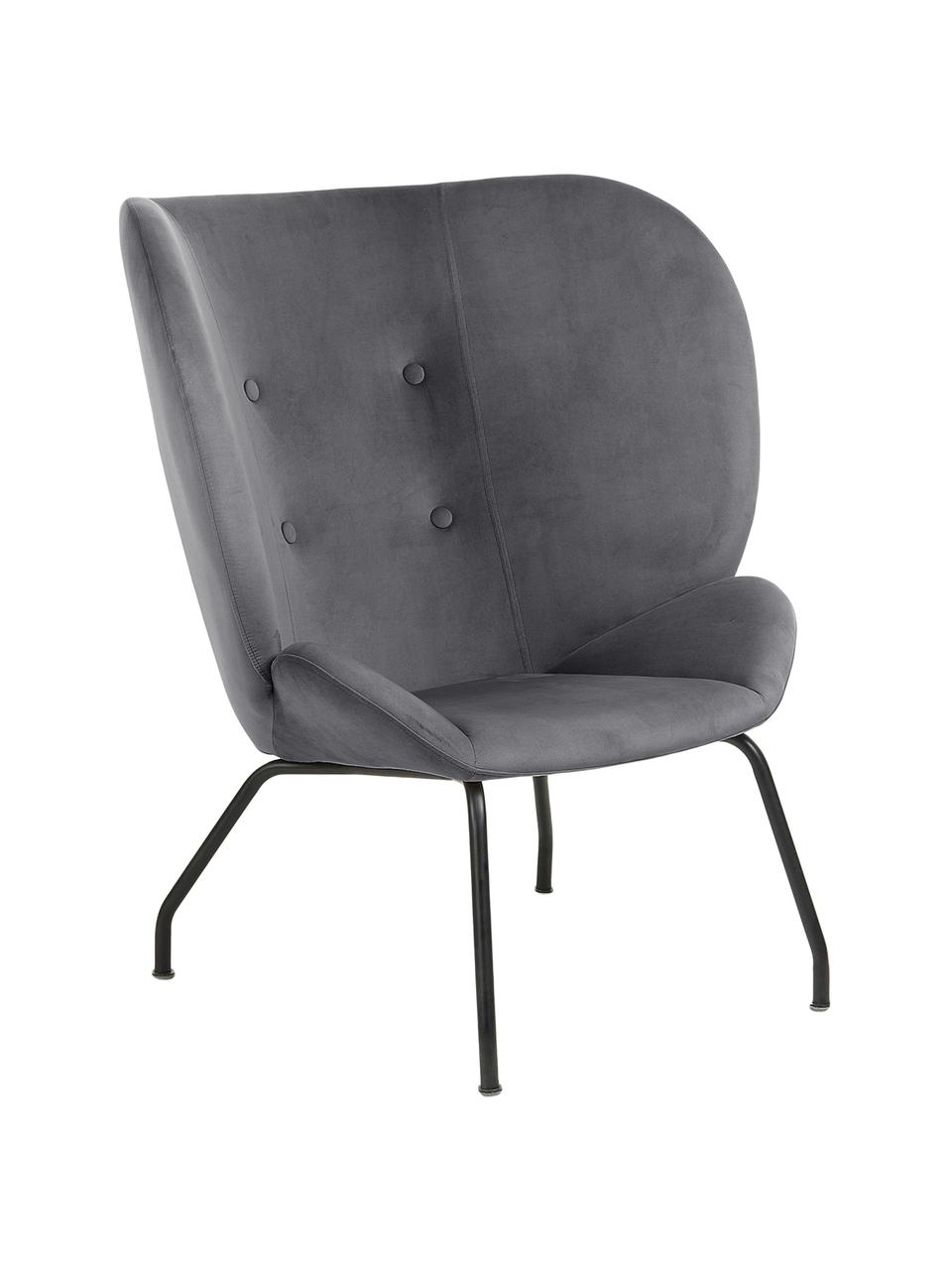 Fluwelen lounge fauteuil Vernen, Fluweel, metaal, Donkergrijs, zwart, B 90 x D 82 cm