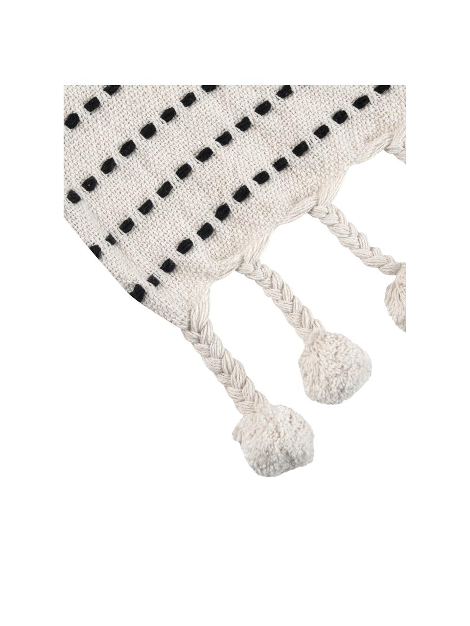 Katoenen plaid Molly in streeppatroon met pompoms, 100% katoen, Zwart, crèmewit, B 130 x L 170 cm