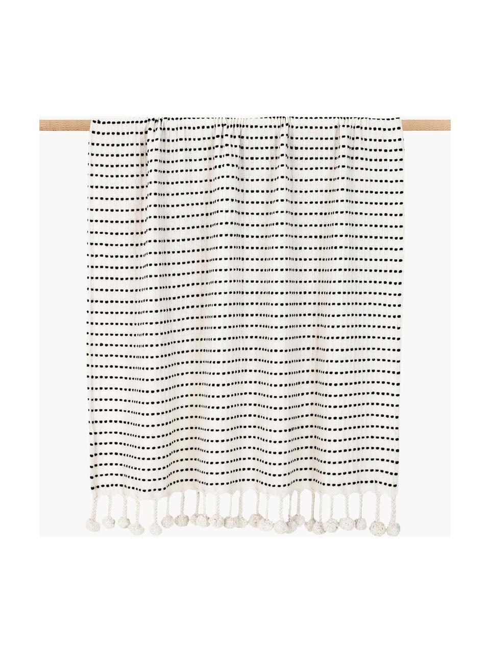 Plaid coton avec pompons Molly, 100 % coton, Noir, blanc crème, larg. 130 x long. 170 cm