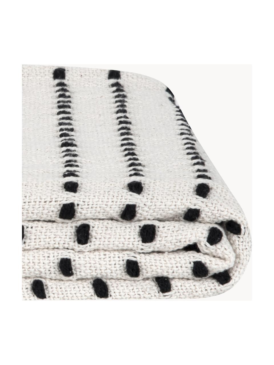 Coperta in cotone dal design a righe con pompon Molly, 100% cotone, Nero, bianco crema, Larg. 130 x Lung. 170 cm