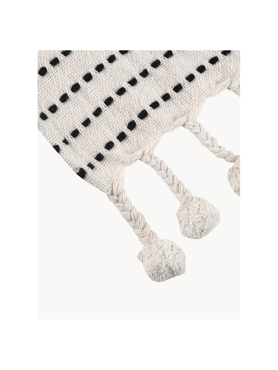 Plaid coton avec pompons Molly, 100 % coton, Noir, blanc crème, larg. 130 x long. 170 cm