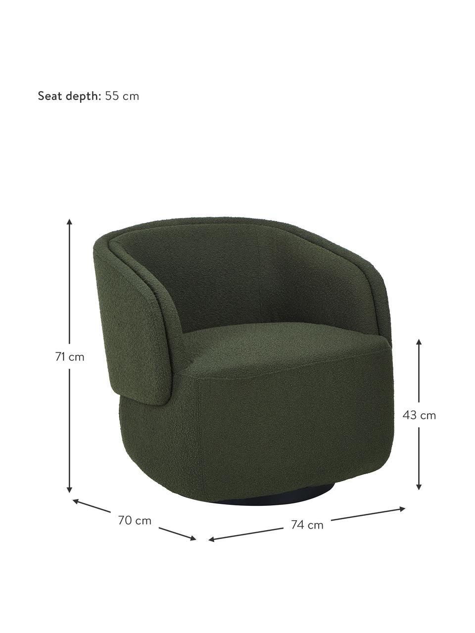 Sillón giratorio en tejido bouclé Irene, Tapizado: tejido bouclé (100% polié, Estructura: metal, Patas: metal recubierto, Bouclé verde oscuro, An 74 x F 70 cm