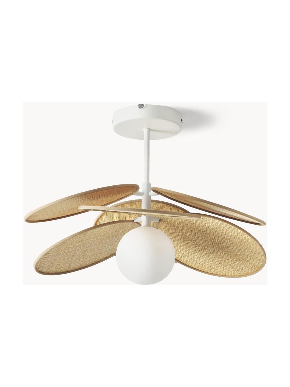 Lampada da soffitto con decoro in fibra naturale Milani, Struttura: metallo verniciato a polv, Baldacchino: metallo verniciato a polv, Beige, bianco, Ø 45 x Alt. 31 cm