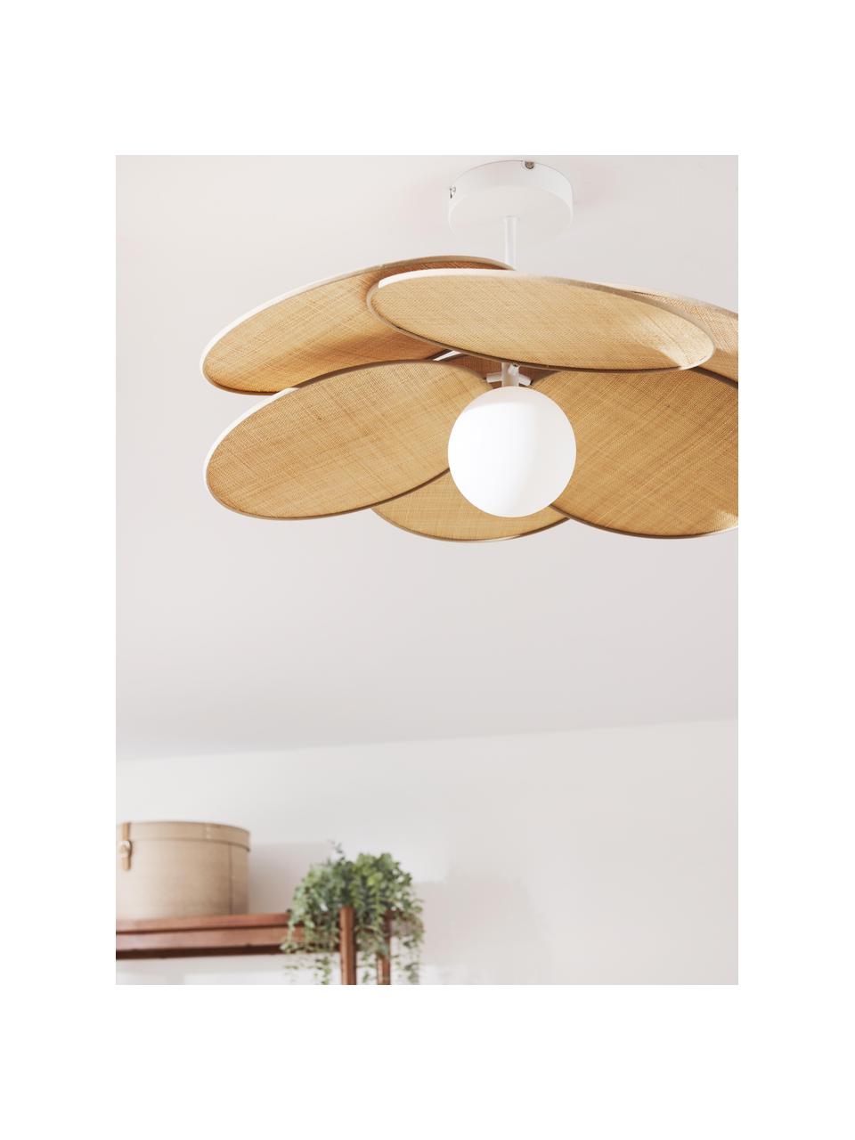 Lampada da soffitto con decoro in fibra naturale Milani, Struttura: metallo verniciato a polv, Baldacchino: metallo verniciato a polv, Beige, bianco, Ø 45 x Alt. 31 cm