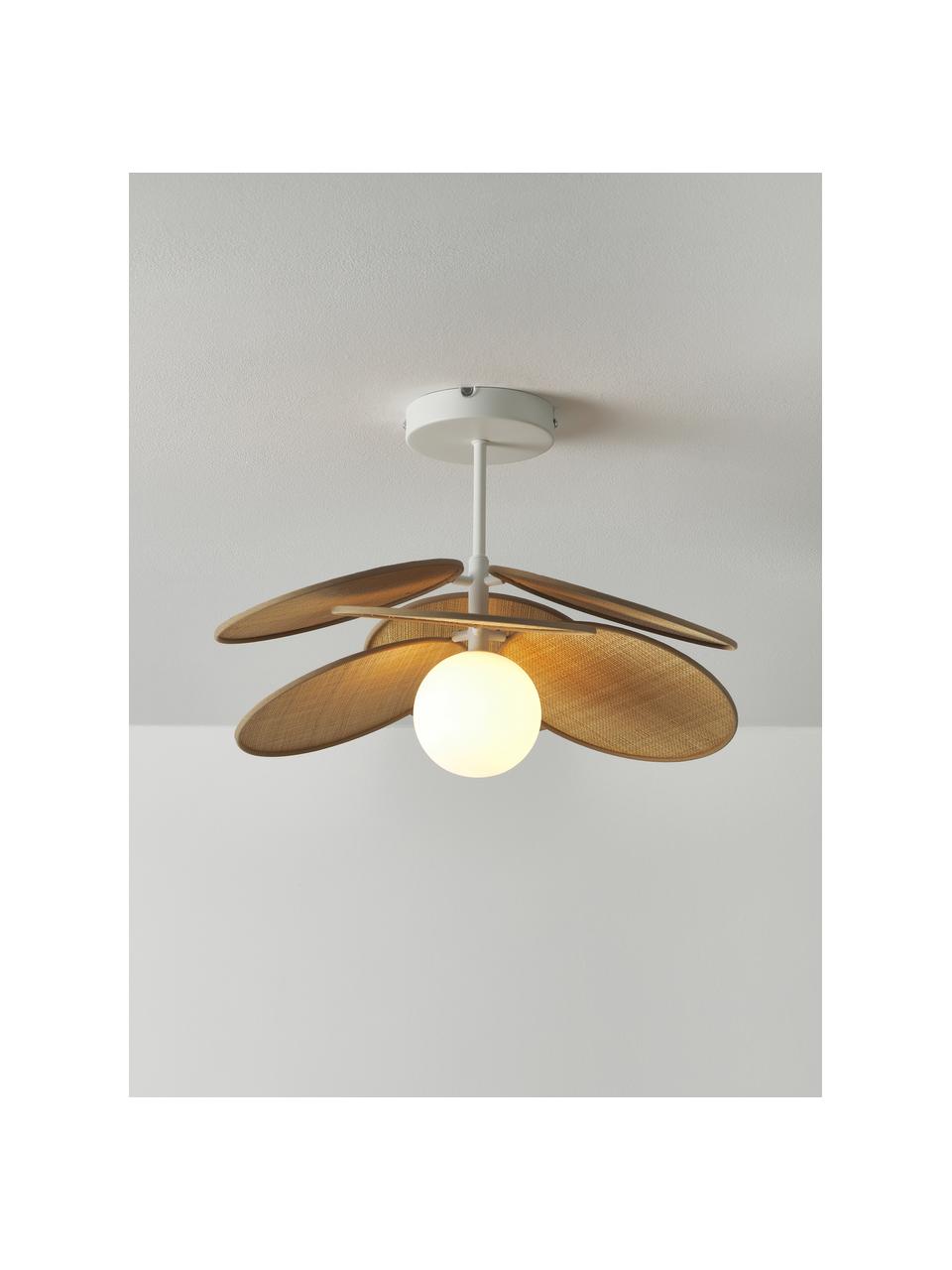 Lampada da soffitto con decoro in fibra naturale Milani, Struttura: metallo verniciato a polv, Baldacchino: metallo verniciato a polv, Beige, bianco, Ø 45 x Alt. 31 cm