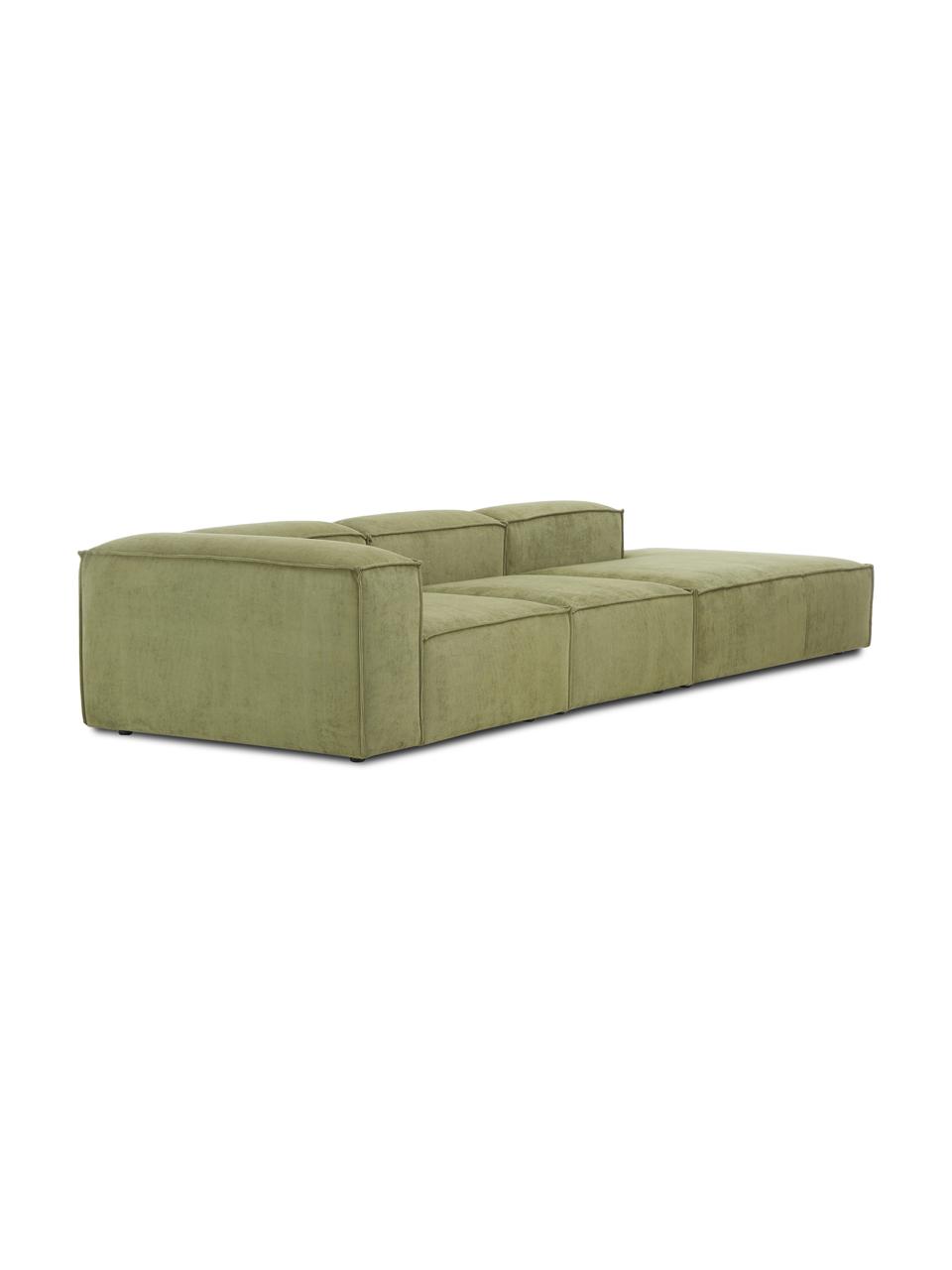Diván modular grande de pana Lennon, Tapizado: pana (92% poliéster, 8% p, Estructura: madera contrachapada de p, Patas: plástico Las patas están , Pana verde oliva, An 357 x F 119 cm, respaldo izquierdo