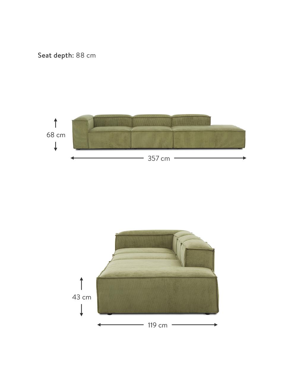 Méridienne modulable XL velours côtelé Lennon, Velours côtelé vert, larg. 357 x prof. 119 cm, dossier à gauche